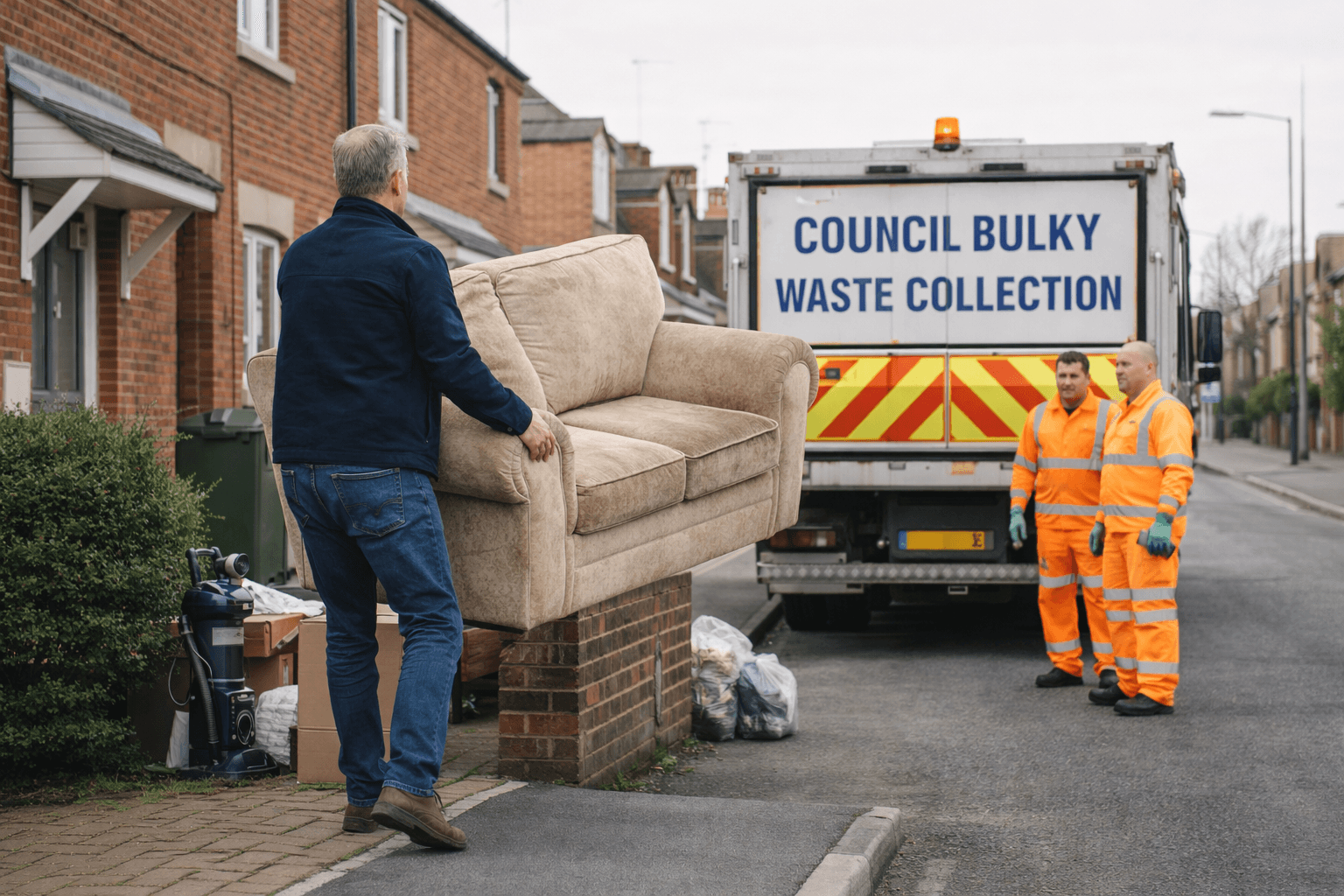 Resident placing a sofa outside for council bulky waste collection while council workers arrive with a collection truck on a residential street
