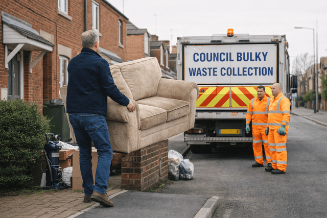 Resident placing a sofa outside for council bulky waste collection while council workers arrive with a collection truck on a residential street